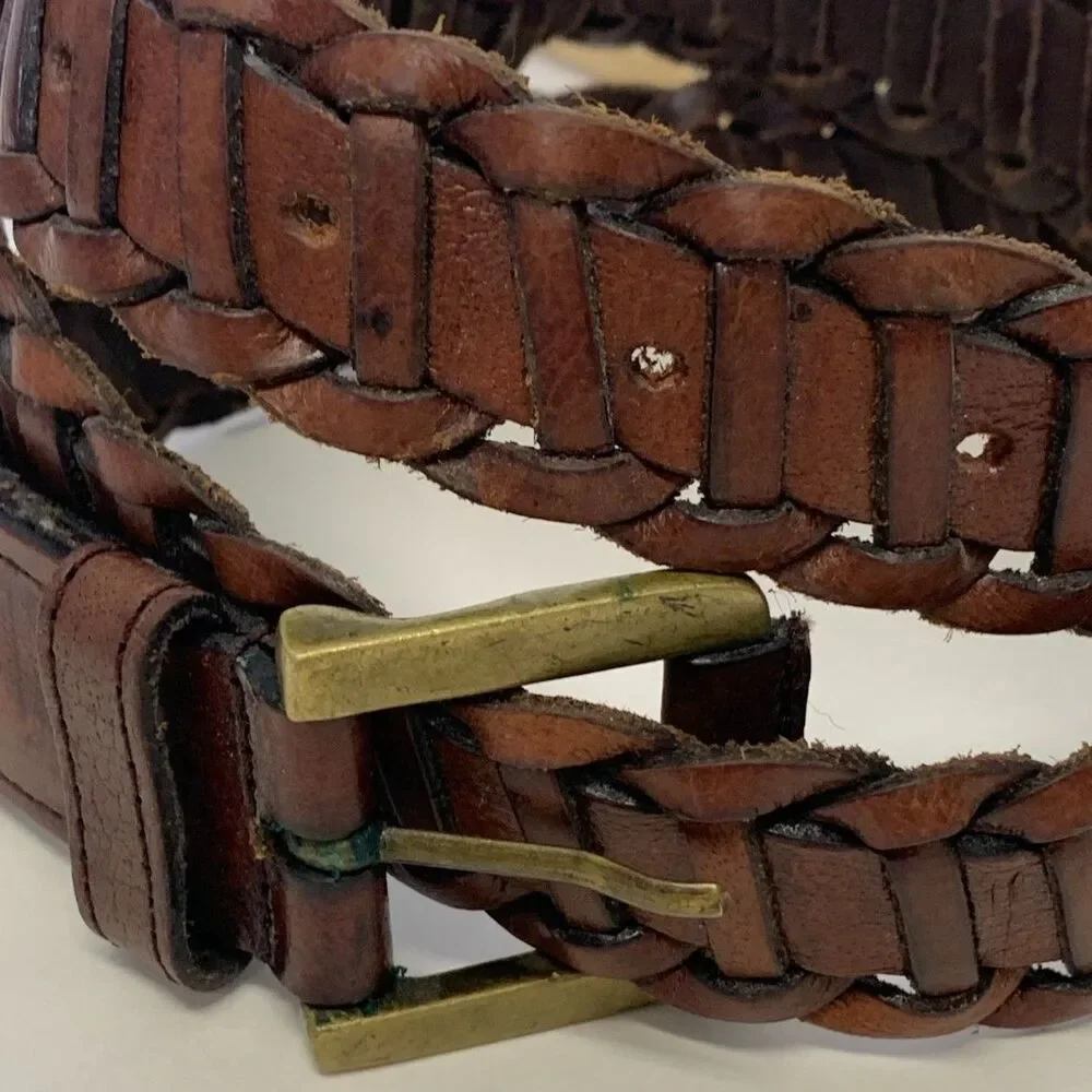 Vintage Mens Brass Buckle Woven Chain Leather‎ Belt Size M/L Made in India